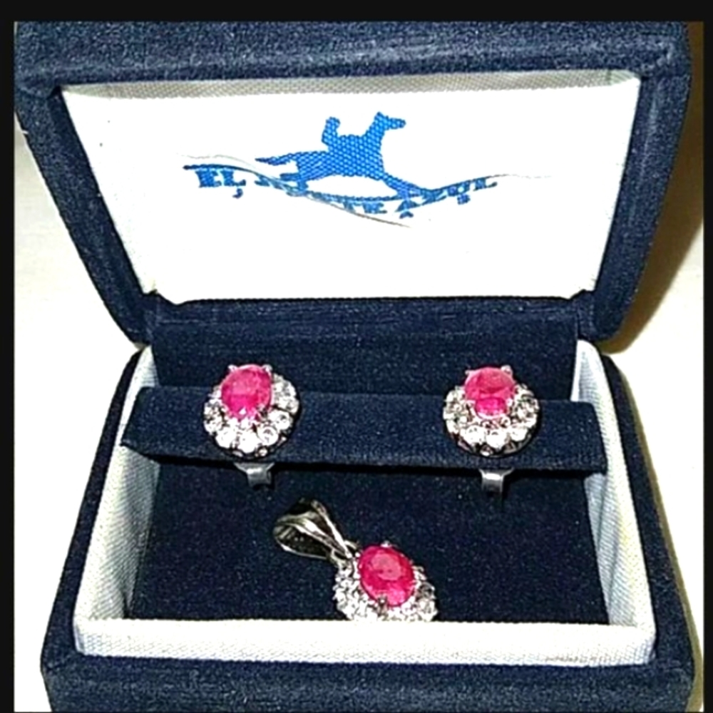 EL JINETE AZUL 925 RED SPINDEL EARRINGS AND PENDANT SET